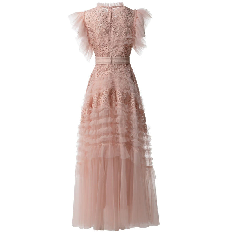 ruffled lace gown with pleated tulle sleeves – AMÉLIE