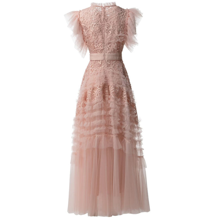 ruffled lace gown with pleated tulle sleeves – AMÉLIE