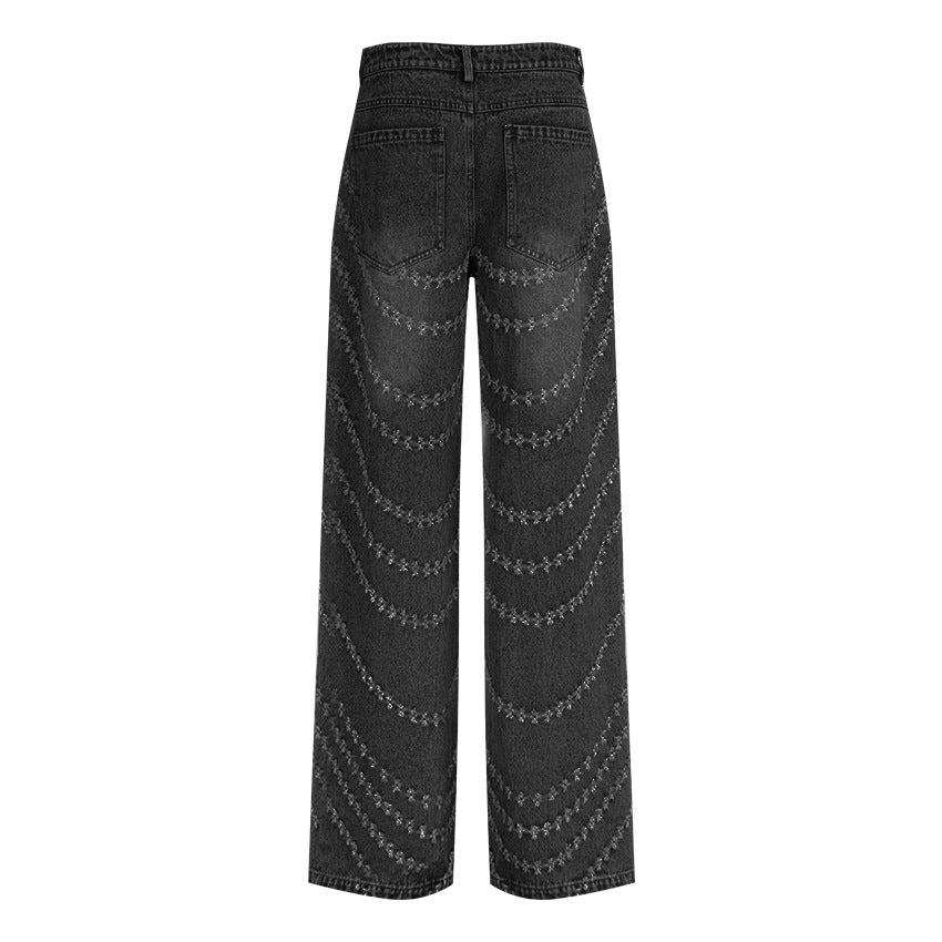 high-waist wide-leg jeans with chain embroidery - NOVAVRU