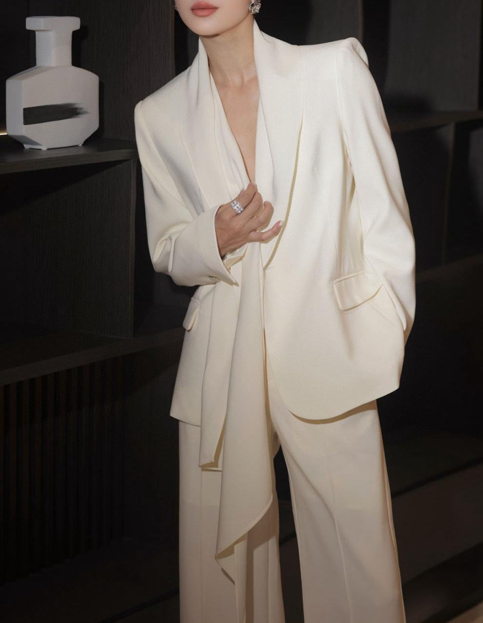 tailored wide-leg pantsuit with draped lapel blazer – ASTER