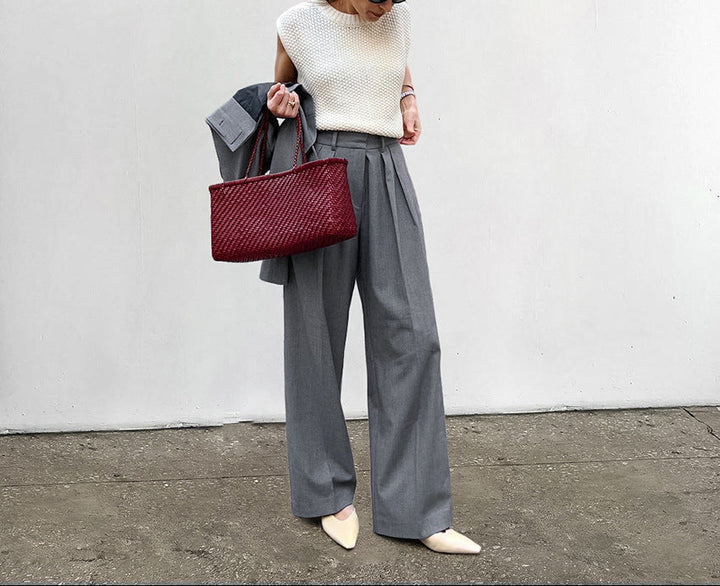 pleated high-waist tailored pants with draped front panel – LÉONE