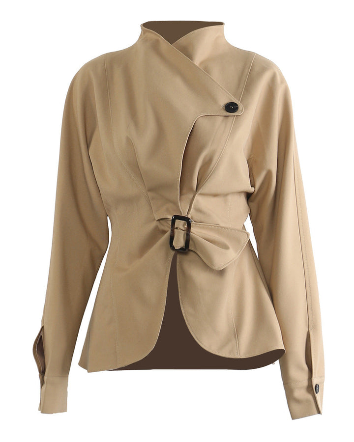 belted asymmetric jacket with high collar – BIERNA