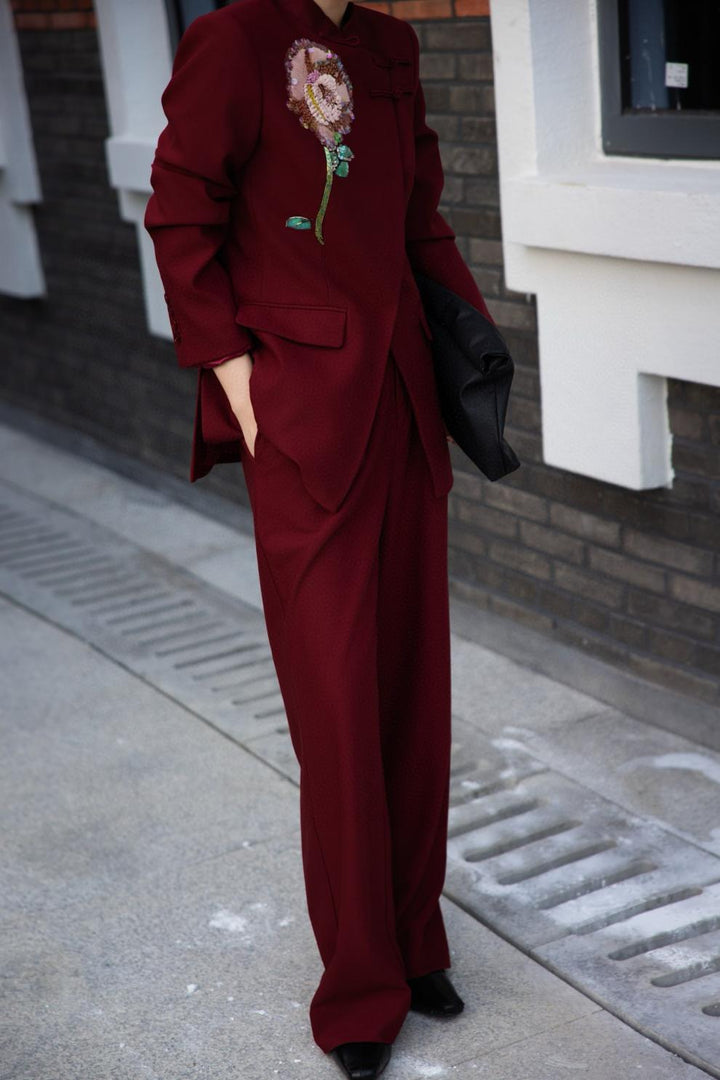 black tailored blazer with sequin floral embroidery – ARLETTE