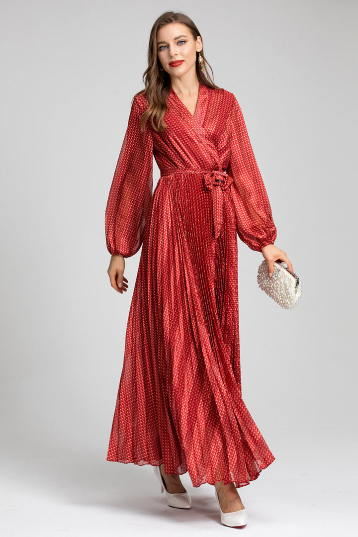 Red Metallic Pleated Wrap Dress – Ruby