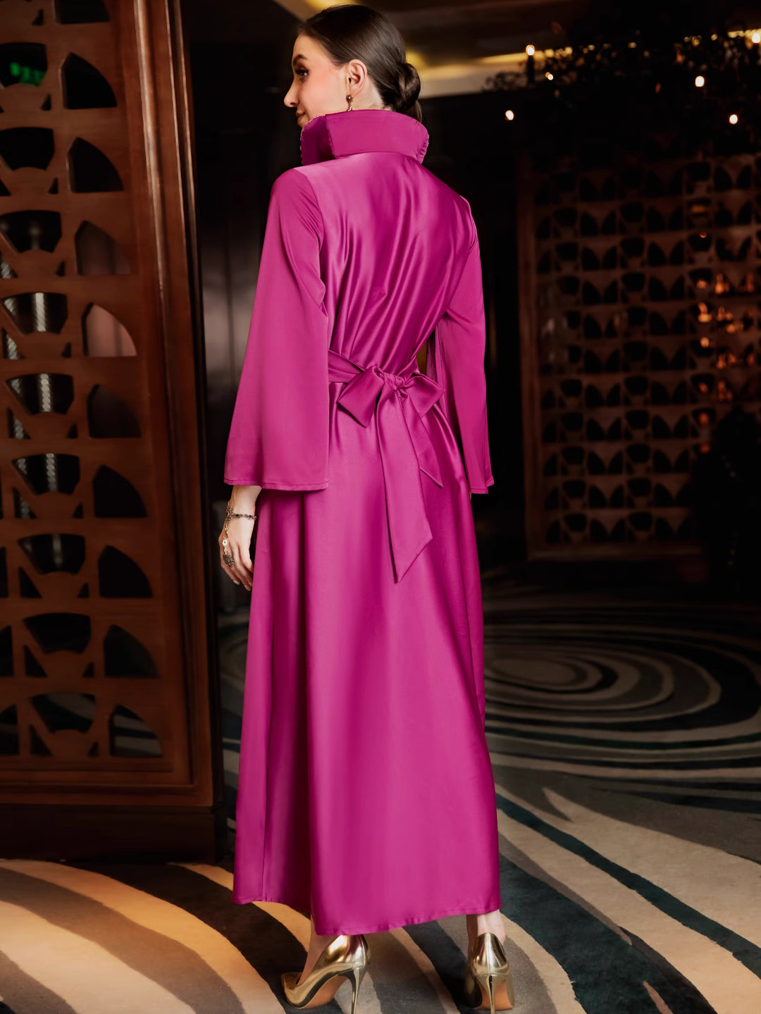 long sleeve column dress with embellished collar - FARAH