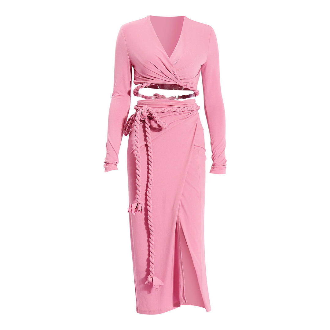 long-sleeve wrap crop top & slit midi skirt set with rope belt – ZYRADY