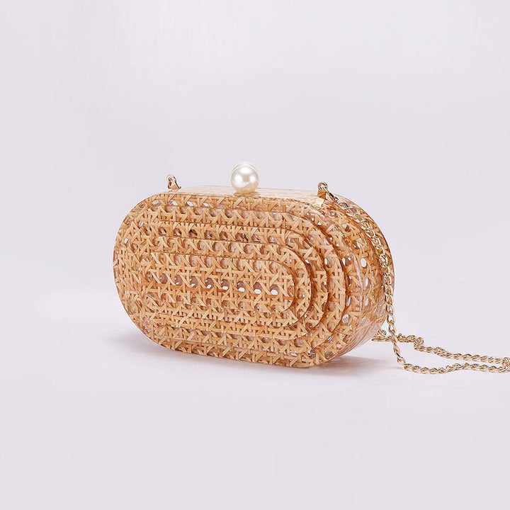 geweven rieten draagtas met dubbele leren handvatten – LÉONIE 