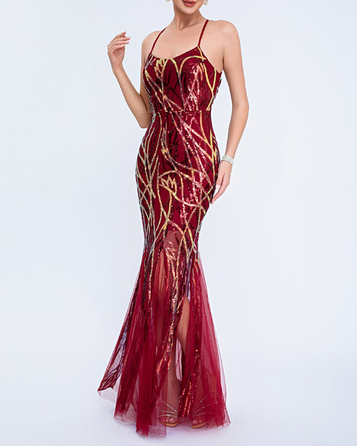 فستان بدون أكمام مزين بالترتر مع حافة من التول الشفاف – سيليستينا