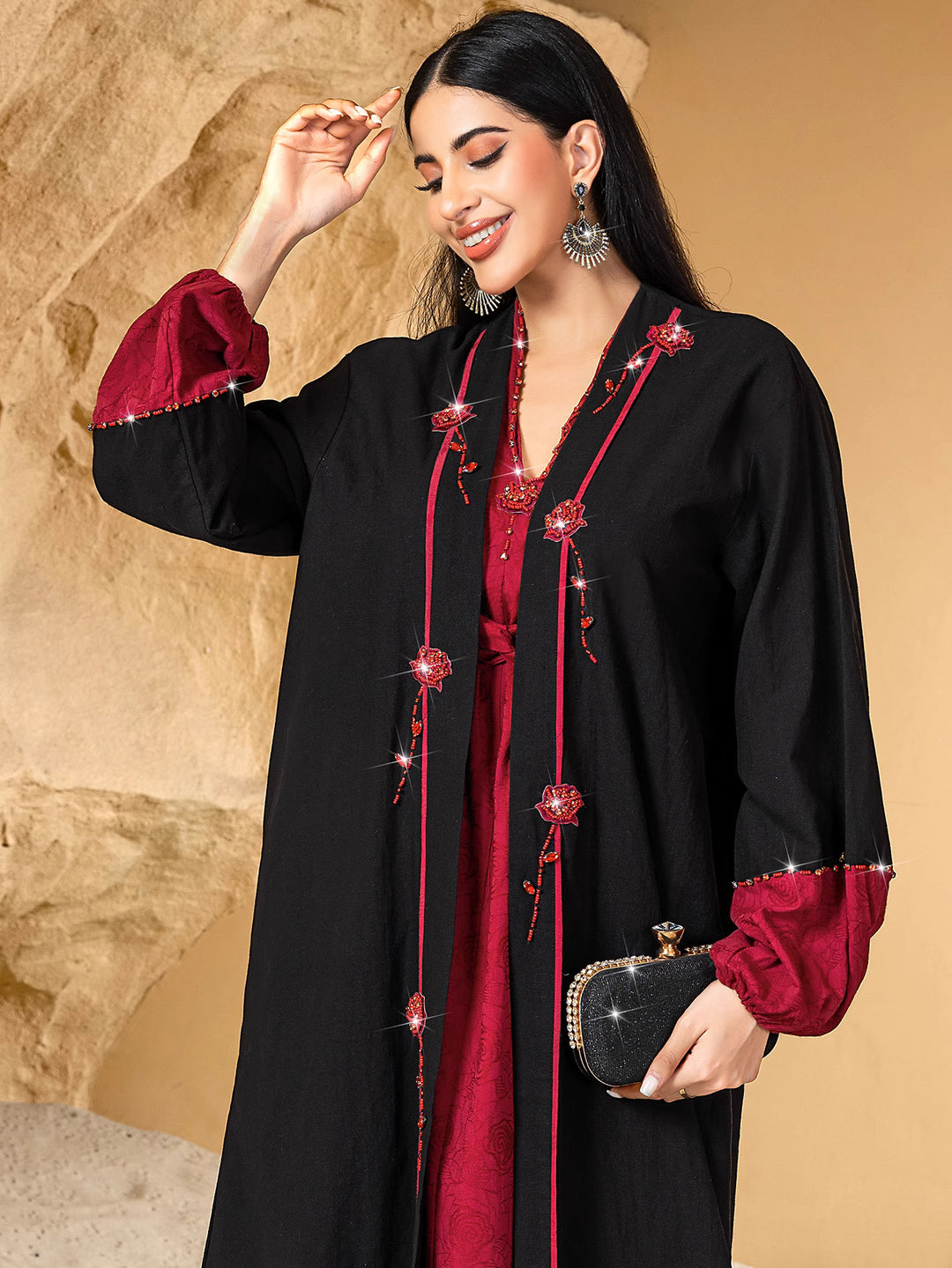 short-sleeve jacquard dress with open abaya - AMARAK