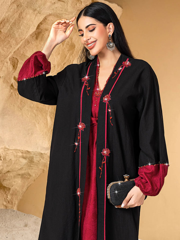 short-sleeve jacquard dress with open abaya - AMARAK