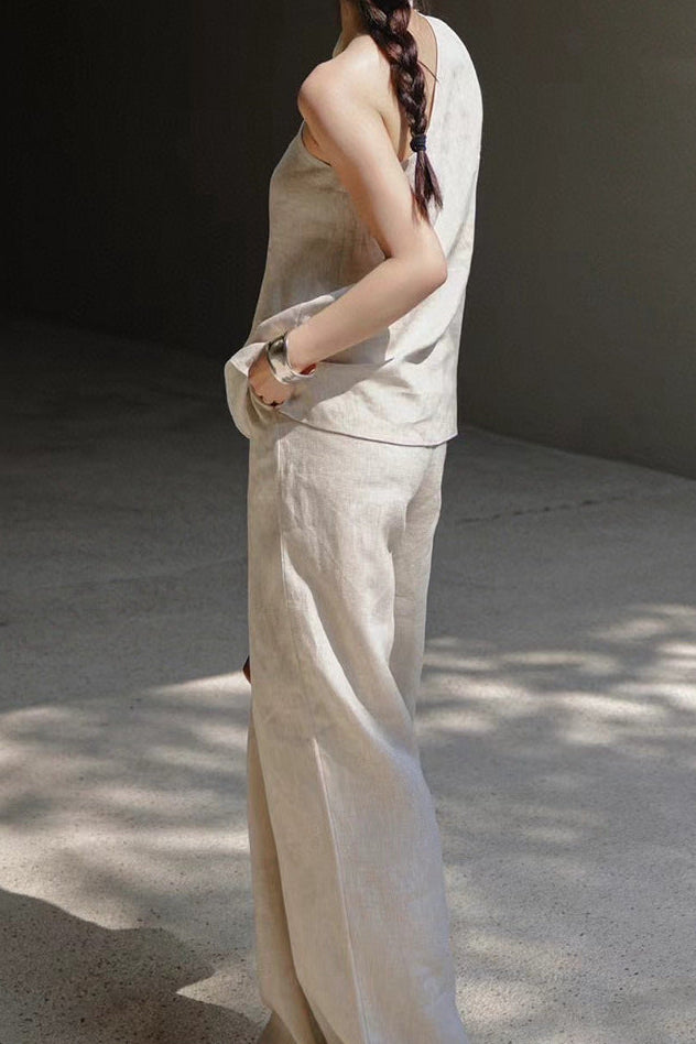 one-shoulder draped top with wide-leg linen trousers – IVORY