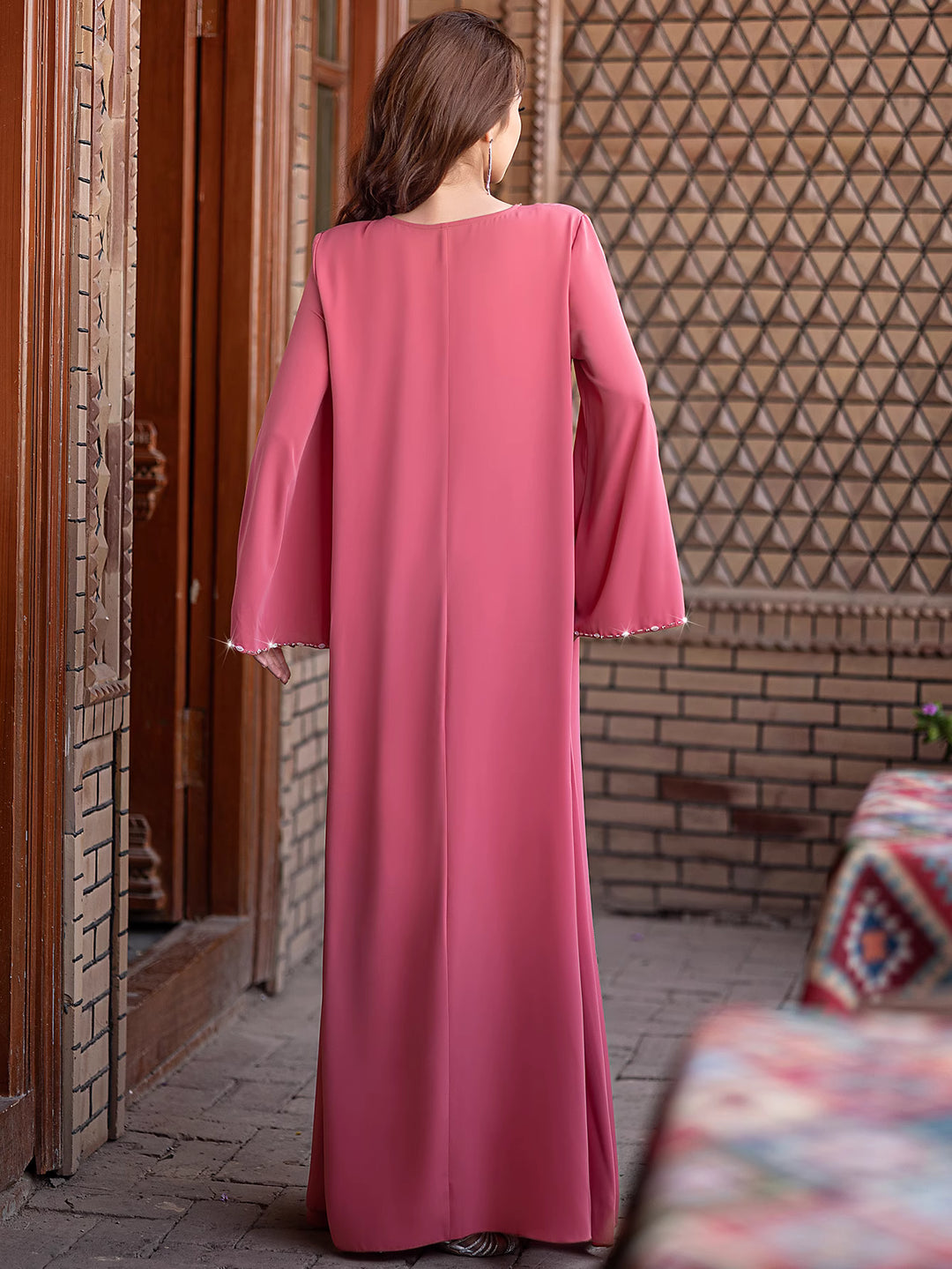 flared sleeve column dress with crystal floral embroidery - ZAYNA