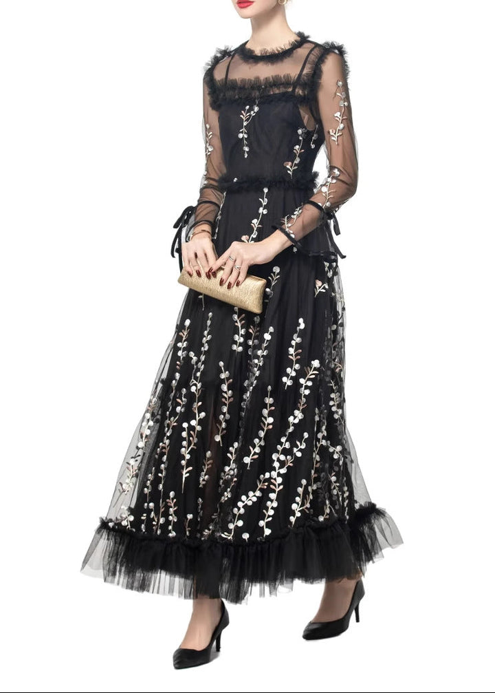 embroidered tulle gown with sheer sleeves – NOIR
