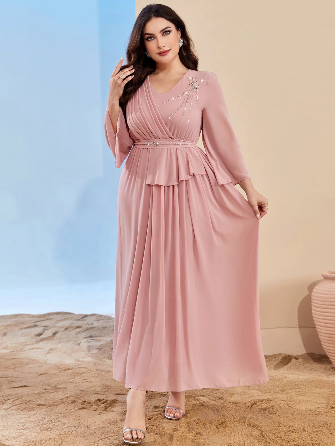 draped long sleeve gown with belted waist - AMANKA