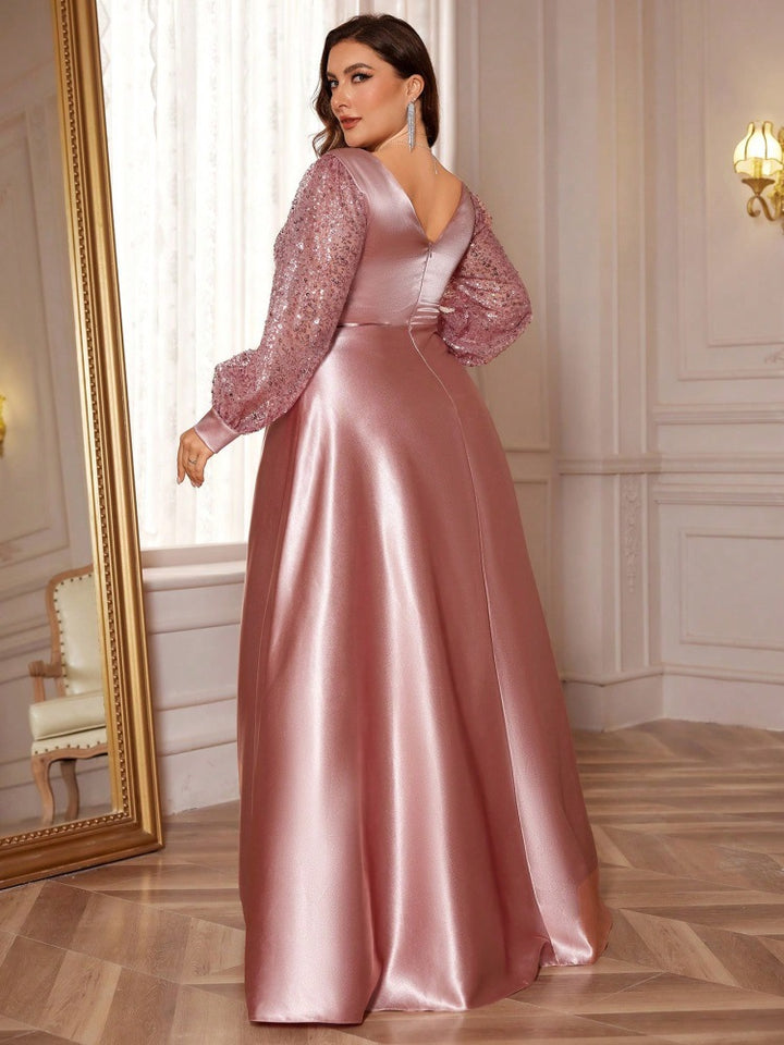 satin evening gown with sequin balloon sleeves – MIDNIGHT