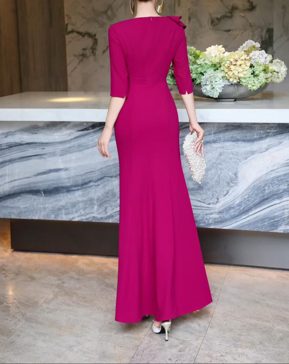 embellished draped-collar mermaid dress – ROYAL FUCHSIA