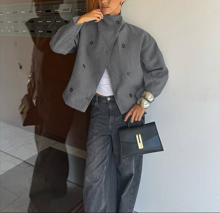 high-collar double-breasted wool jacket with structured sleeves – DALIA