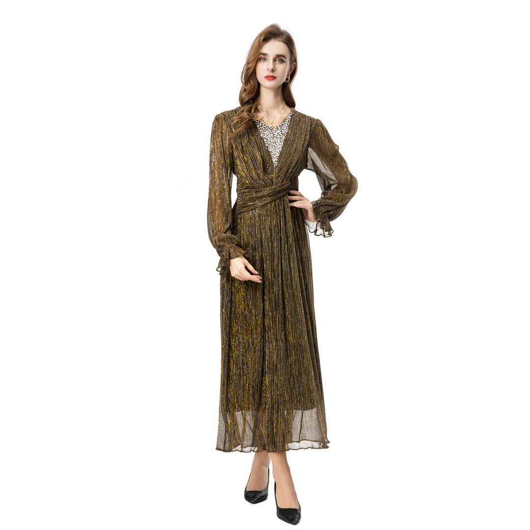 metallic pleated chiffon dress with wrap waist – ADELIA