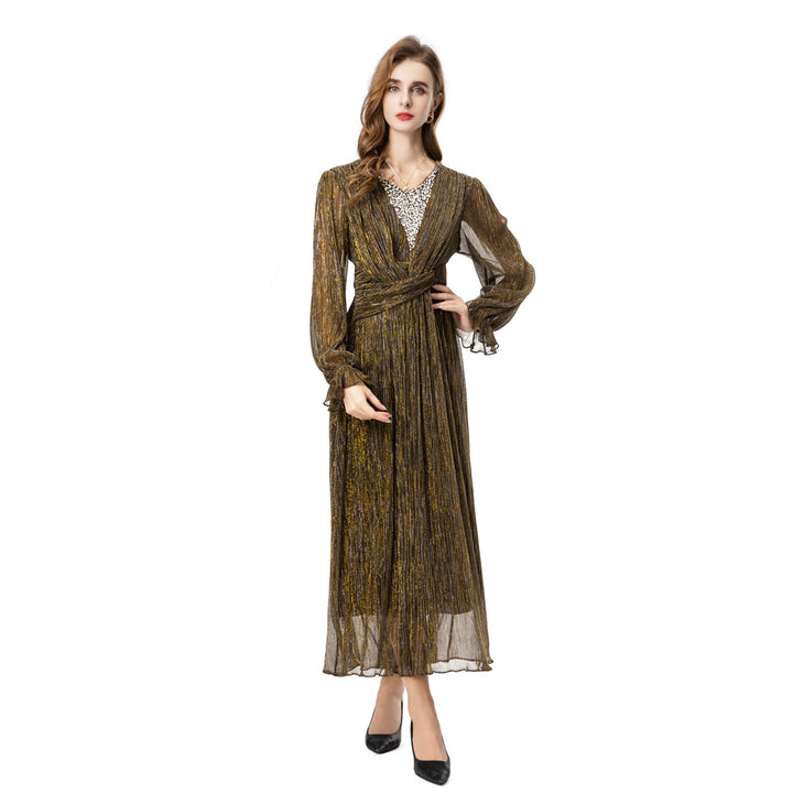 metallic pleated chiffon dress with wrap waist – ADELIA