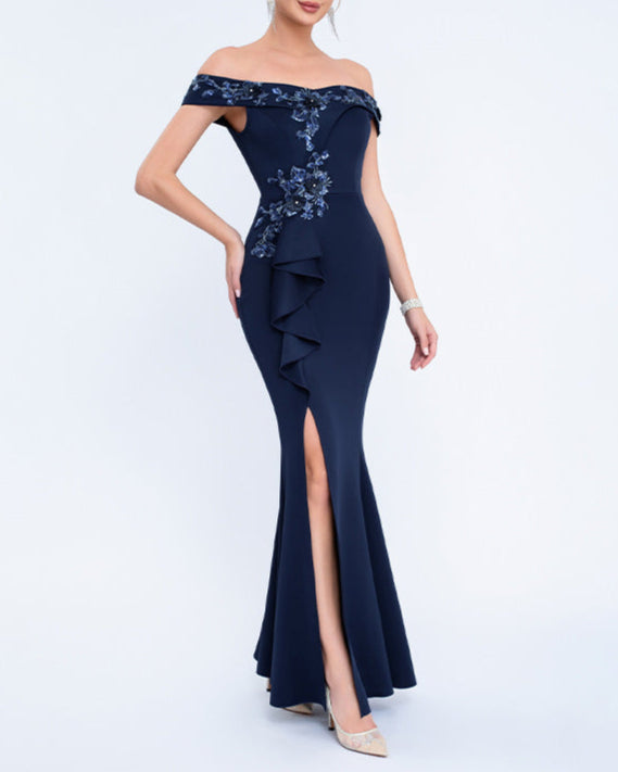 off-shoulder gown with floral appliqué and side ruffle – SERENATJI