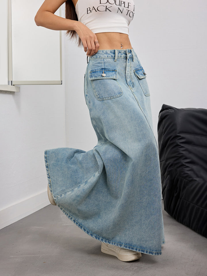 denim maxi skirt with front flap pockets – SIENNA