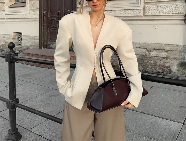 structured V-neck blazer with sculpted shoulders – MAELLE