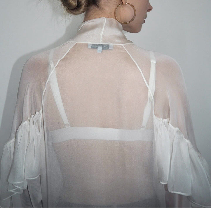 sheer ruffle-sleeve blouse with cascading ties – ELYSIA