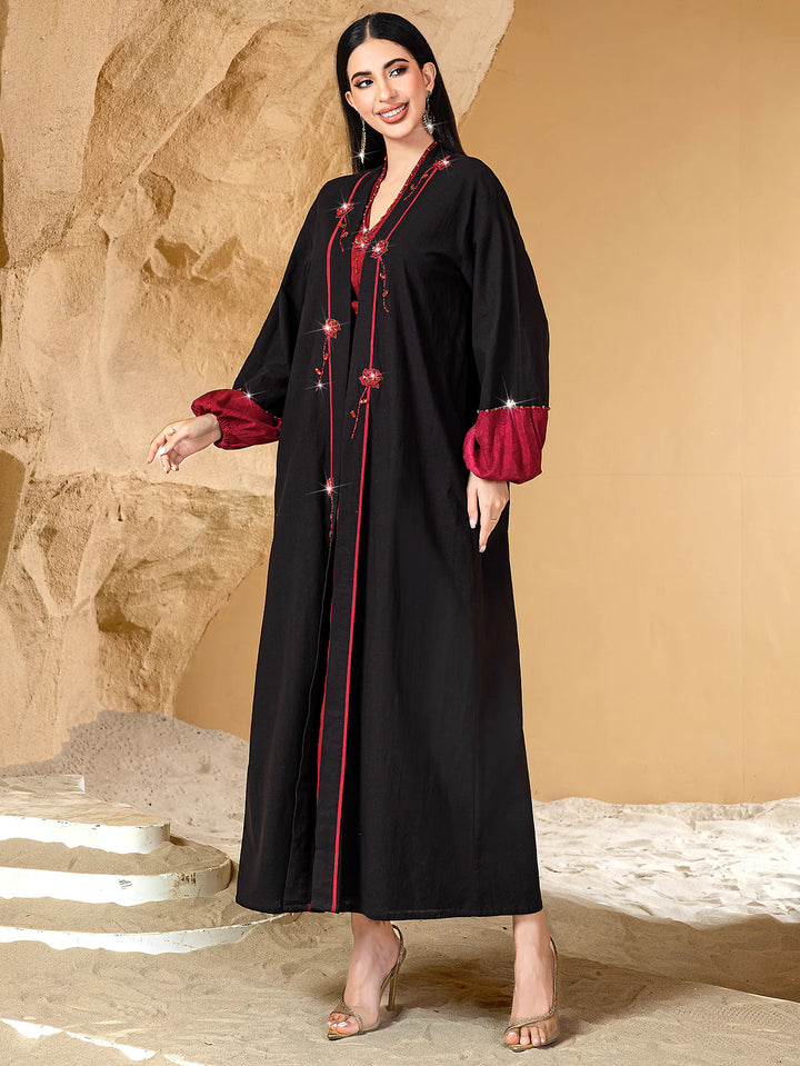 short-sleeve jacquard dress with open abaya - AMARAK