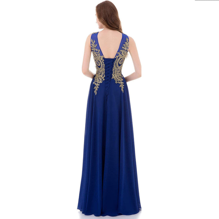 sleeveless chiffon gown with gold sequin bodice – AURONZA