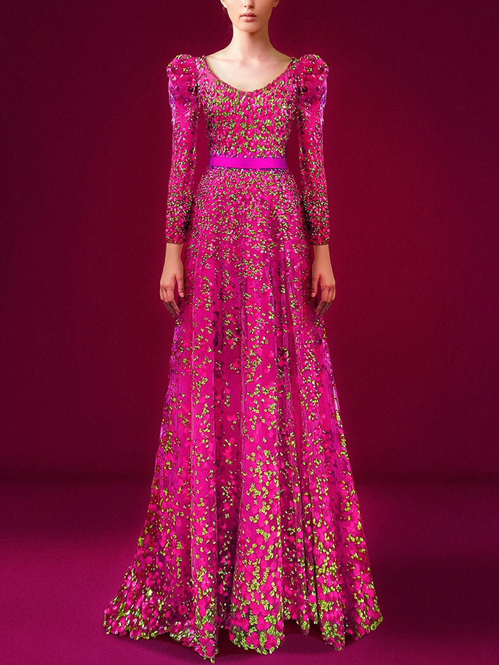 Sequin Maxi Dress with All-Over Embellishment – FUCHSIA