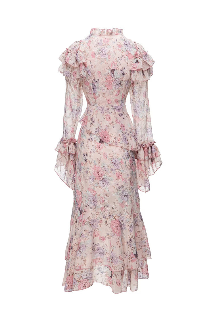 floral ruffle chiffon dress with layered hem – ROSALIE