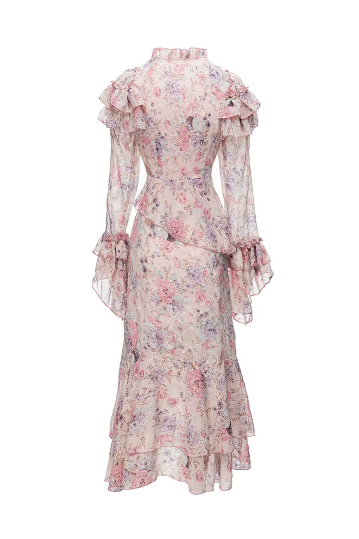 floral ruffle chiffon dress with layered hem – ROSALIE
