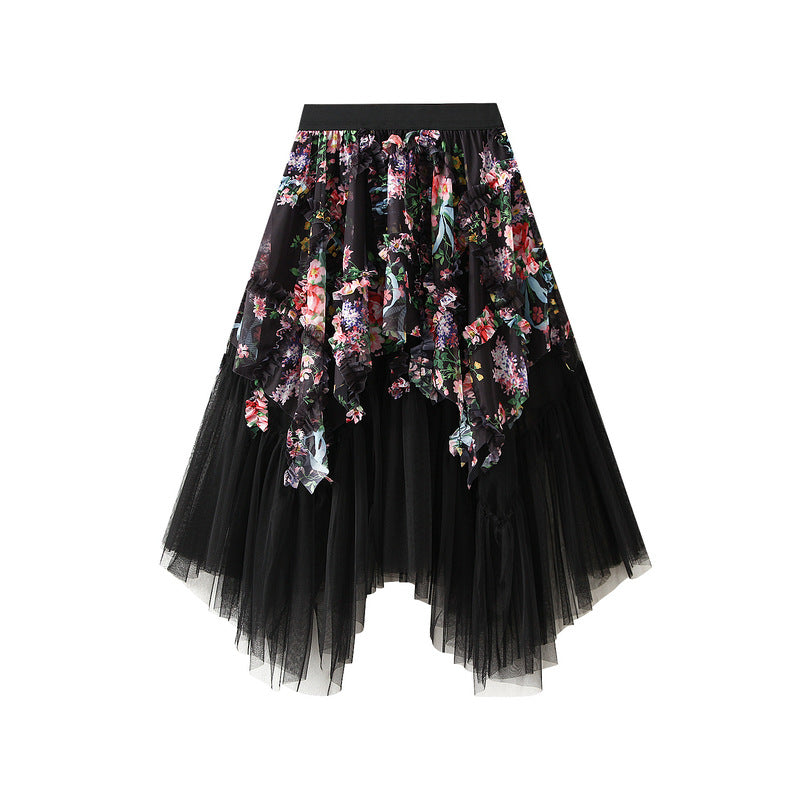 asymmetric floral tulle midi skirt with layered hem – FLORETTE