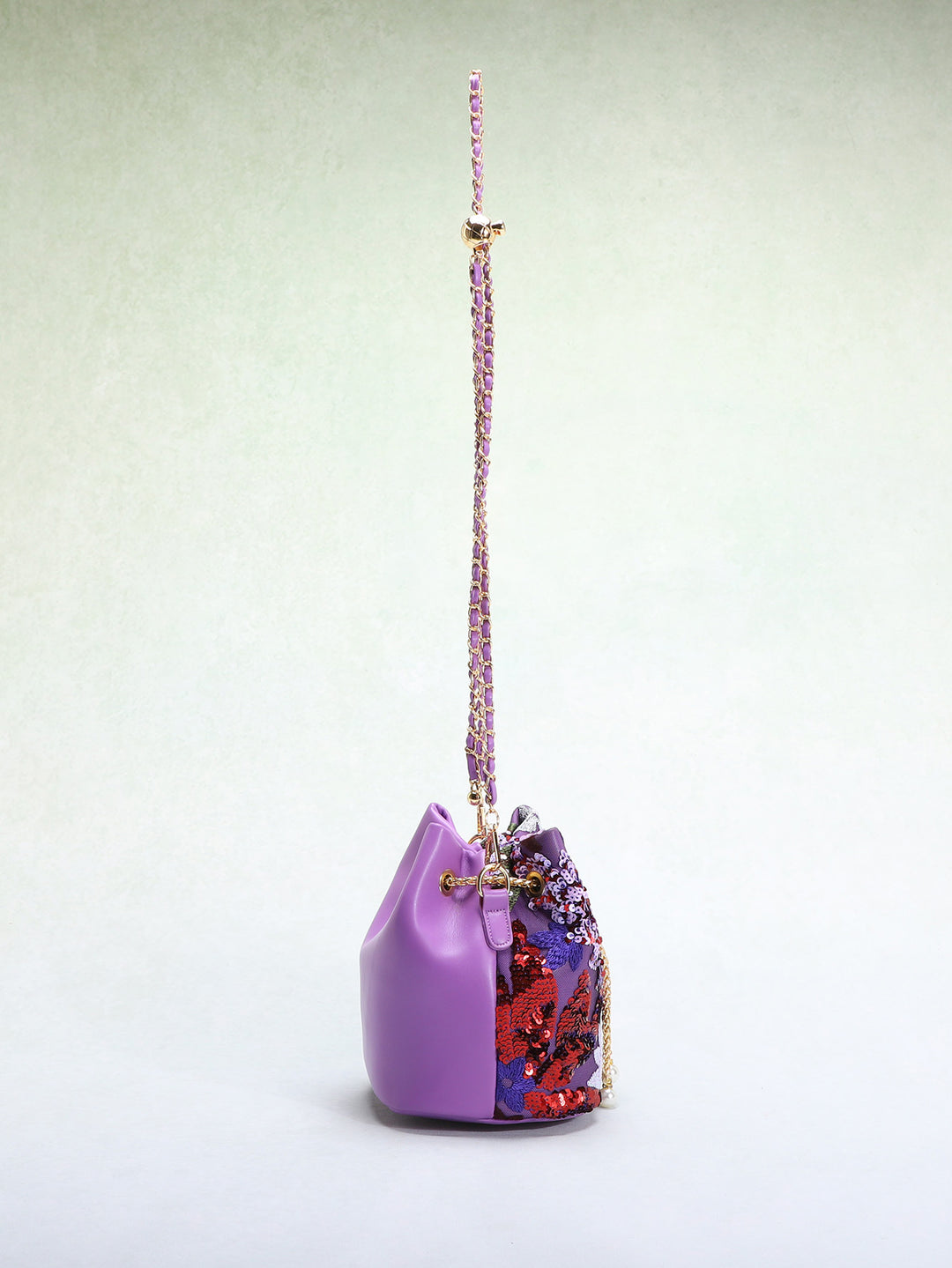 حقيبة دلو مزينة بالترتر الزهري مع حزام سلسلة – أميليير