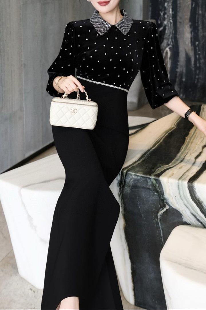 black velvet maxi dress with embellished collar–polka