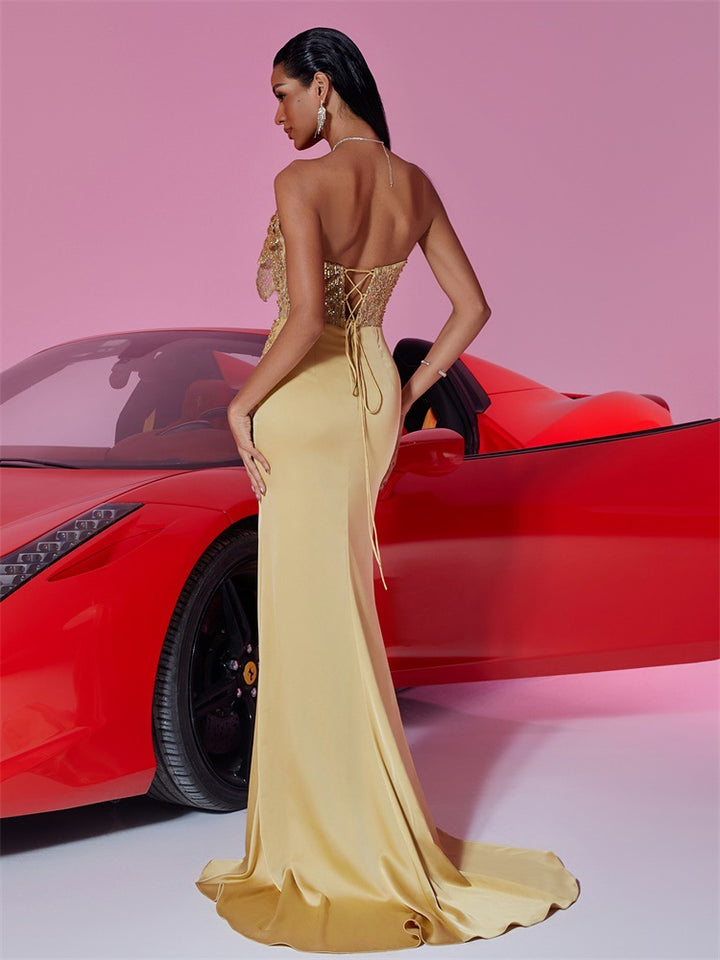strapless satin gown with embellished bodice – AURELIA