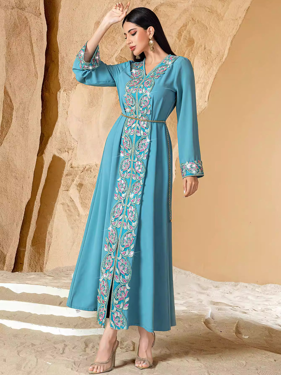 فستان ميدي غير متماثل بأكمام طويلة وياقة عالية - لون الزمرد