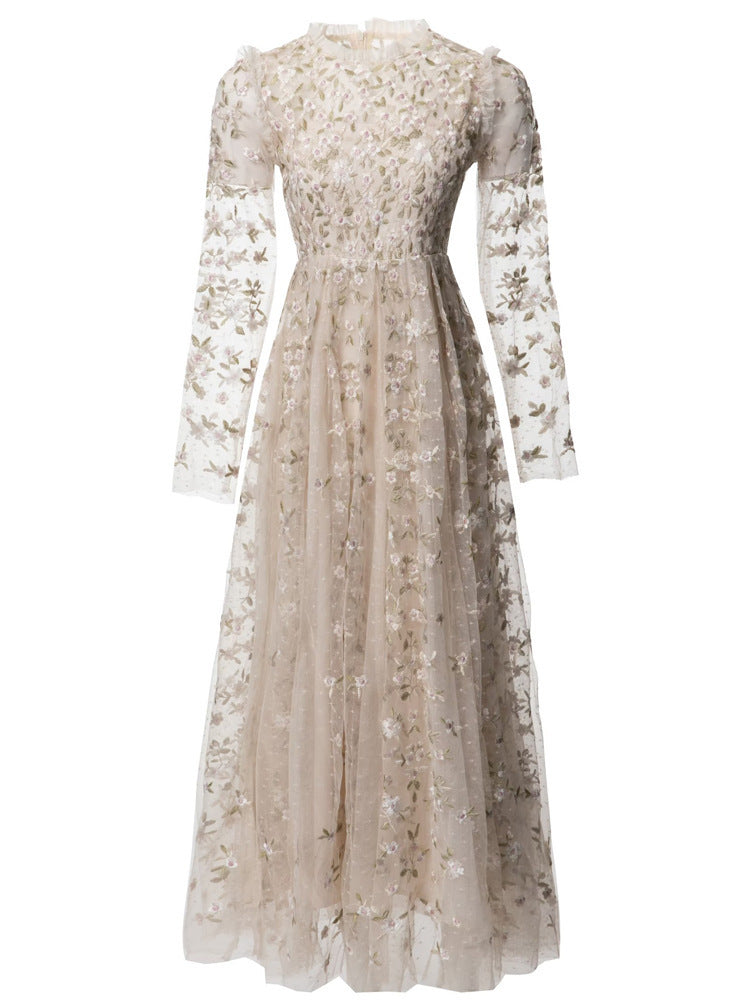 embroidered tulle midi gown with long sleeves – ORYVLA