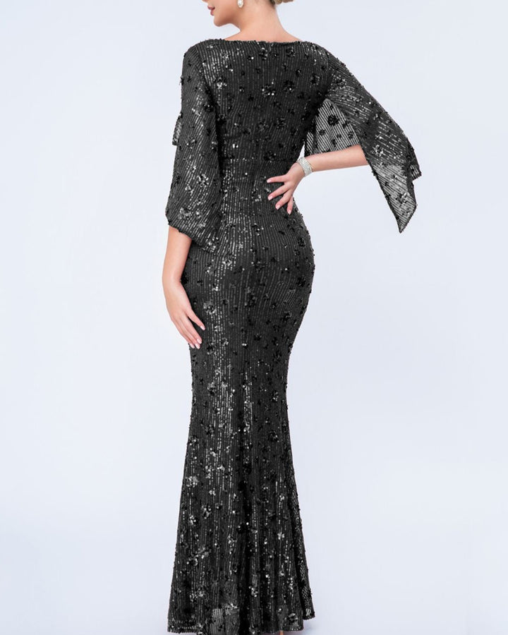 فستان حورية البحر مزين بالترتر بأكمام منفوخة منقسمة – فيفياناتشي