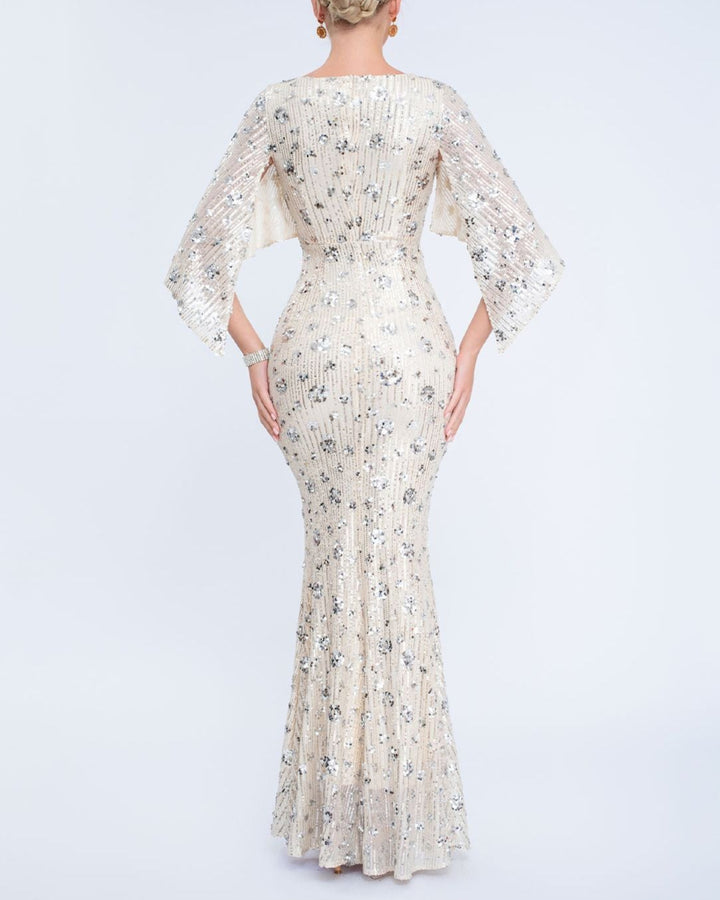 فستان حورية البحر مزين بالترتر بأكمام منفوخة منقسمة – فيفياناتشي