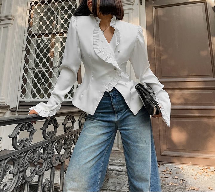 asymmetrical ruffle-front satin blouse – REGALIA