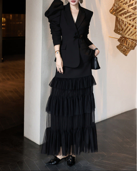 structured ruffle-sleeve blazer set with tiered tulle skirt – AMARANTH
