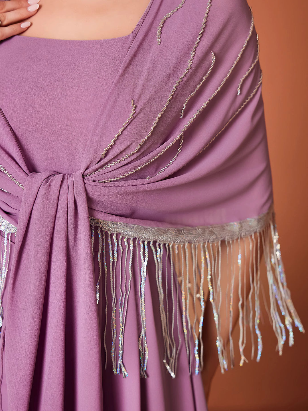 sleeveless column dress with draped fringe cape - AMIXUNA