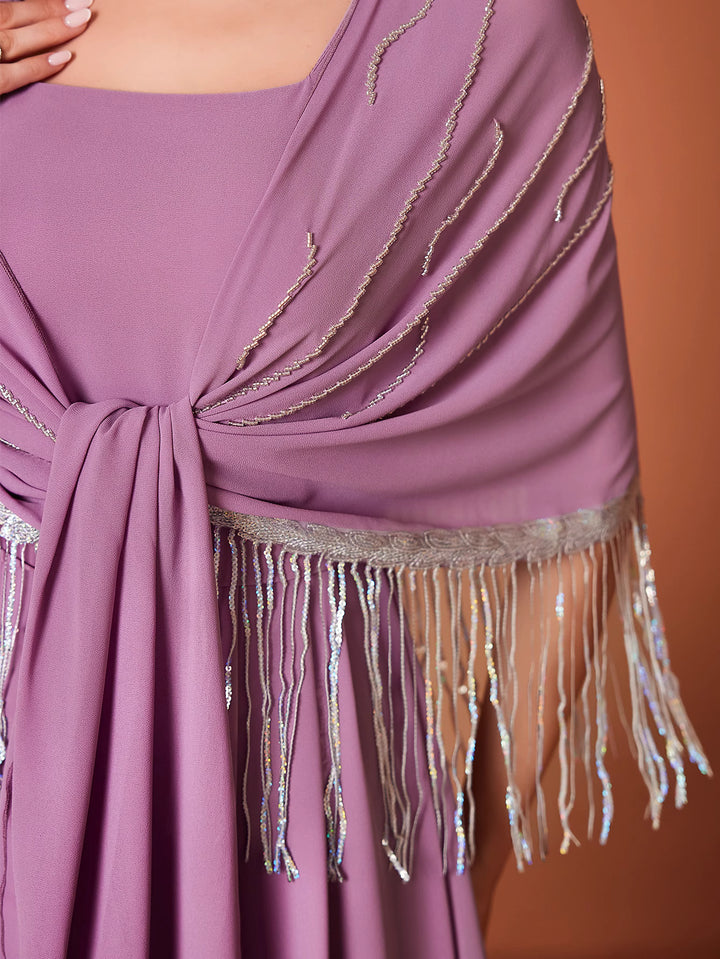 sleeveless column dress with draped fringe cape - AMIXUNA