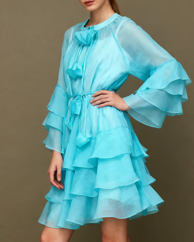 layered ruffle chiffon dress with tie neckline – AURORADI