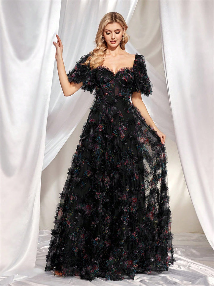 off-shoulder floral tulle gown with puff sleeves – NIGHT