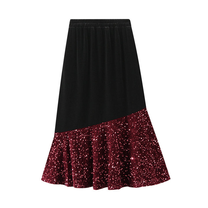 velvet midi skirt with asymmetric sequin ruffle – STELLAR