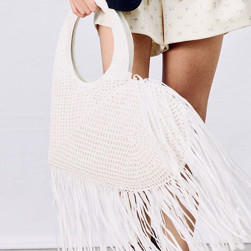 woven fringe tote bag with round handle – SIENARU