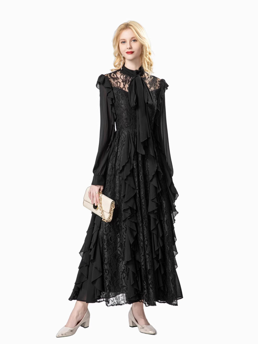 long-sleeve lace gown with cascading ruffle panels – VERONA