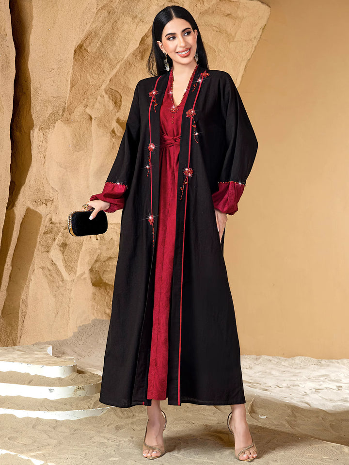 short-sleeve jacquard dress with open abaya - AMARAK
